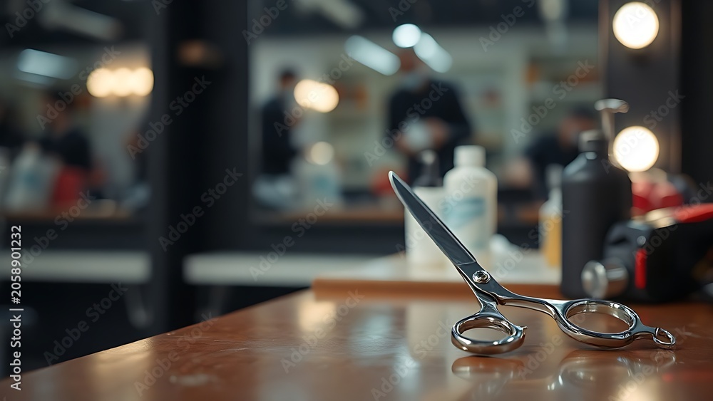Fototapeta premium razor. A barber shop scene with scissors on the counter, reflecting the precision of the craft. pitch deck slides, case study pages, designed for brand storytelling and e-commerce strategy.