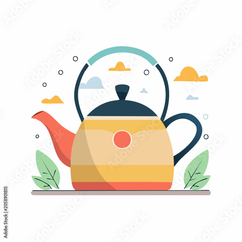 Flat illustration of a colorful teapot with clouds and leaves