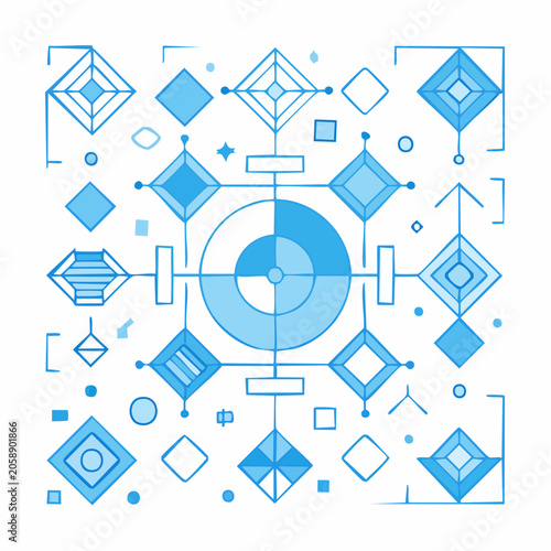 Geometric Abstract Design with Blue Shapes and Lines