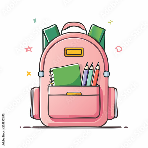 Pink backpack with notebook and pencils