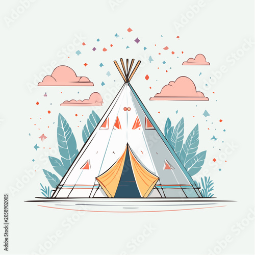 Tipi tent illustration with clouds and confetti