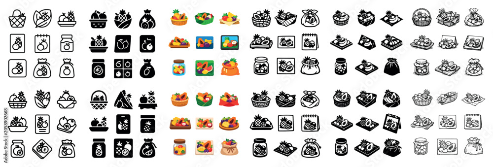 Fototapeta premium Breakfast and pastry vector symbols with bread egg jam for mobile app design in colorful vector art