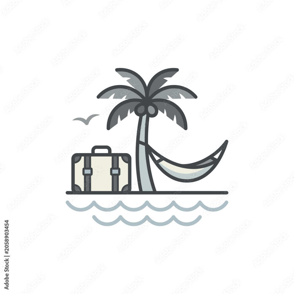 Obraz premium Tropical beach vacation icon with palm and suitcase.