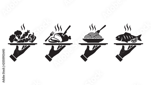 Set of Hot Food Serving Icons - Hand Holding Tray with Steaming Dishes