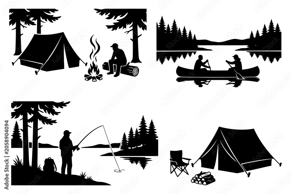 Obraz premium Outdoor adventure silhouettes - camping, fishing, canoeing in nature.