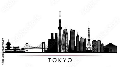 Tokyo city skyline horizontal banner featuring a black and white silhouette of iconic urban architecture and modern skyscrapers. Clean vector illustration with a wide panoramic composition.