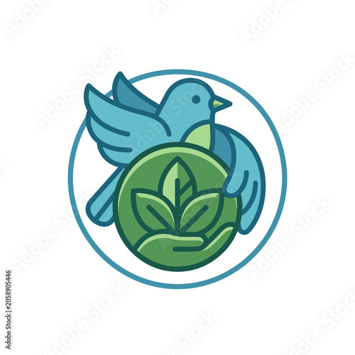 Blue bird holding emblem with green leaves inside circle.