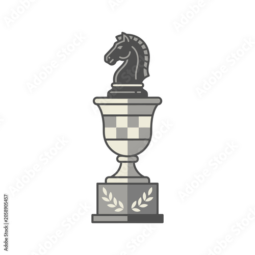Chess knight trophy icon on ornate laurel pedestal.