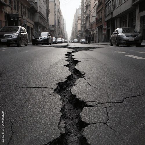 Urban Street Scene Depicting the Aftermath of an Earthquake with a Jagged Crack Running Through the Asphalt