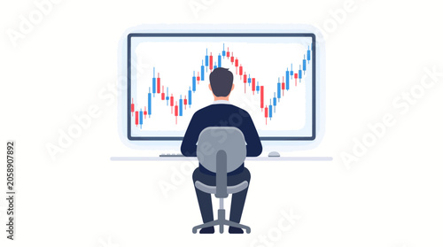 Back view of a man in office chair facing a computer screen displaying a stock market trading chart with red and blue candlesticks