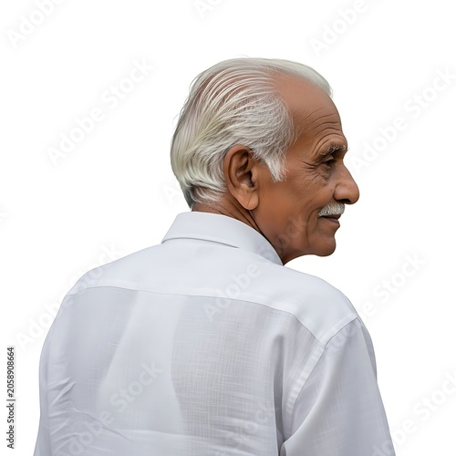 Elderly man in white shirt looking away from camera, side profile.