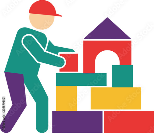 Child building tower with colorful blocks, creativity and development concept