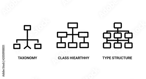 Data taxonomy and hierarchical structure diagram icons with taxonomy hierarchy structure organization classification management information business planning workflow categorization