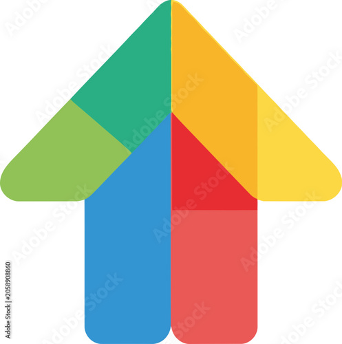 Colorful abstract house shape with upward arrow symbol, representing growth and real estate