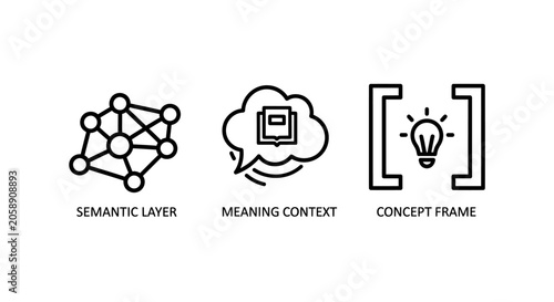 Data science and semantic intelligence conceptual icons showing layers and innovation with semantic intelligence connection innovation lightbulb knowledge structure analysis information