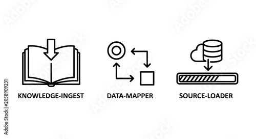 Knowledge ingest data mapper and source loader icons for software development and data processing with knowledge database software development engineering computing information transfer