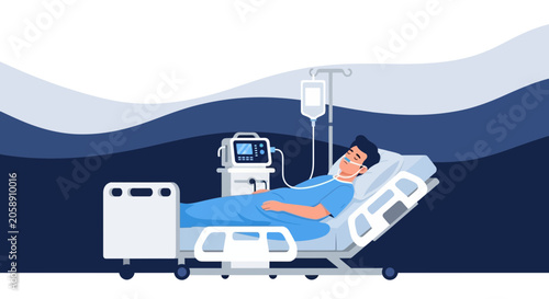 Patient in Hospital Bed with Ventilator and IV Drip - Medical Care and Recovery