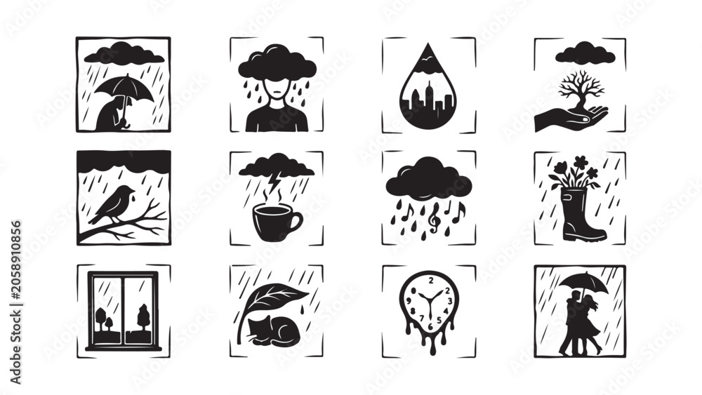 Fototapeta premium Hand Drawn Melancholy and Rainy Day Icon Set in Frames