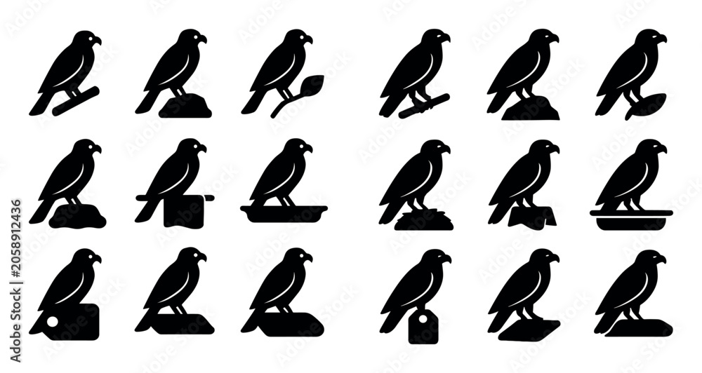 Obraz premium Bold bird icon pack featuring raven, branch, rock and tag elements