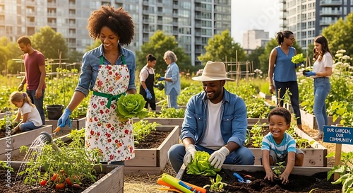 Urban gardening community people togetherness.