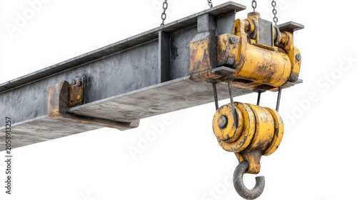 Industrial overhead crane hook with steel beam isolated on white background