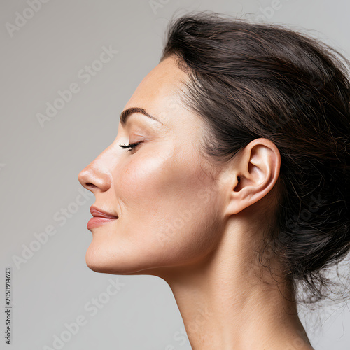 Beautiful woman sideview profile showing clean skin from the side in this profile picture