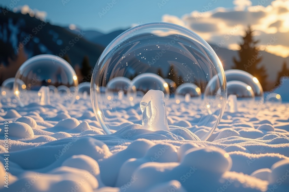 Obraz premium Snowy field holds floating glass orbs