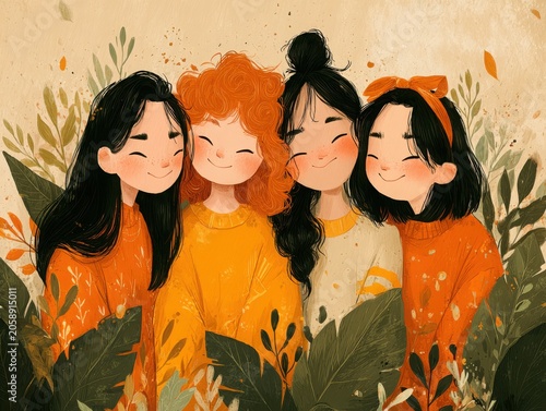 Four girls smiling together in autumn-themed illustration with foliage  
