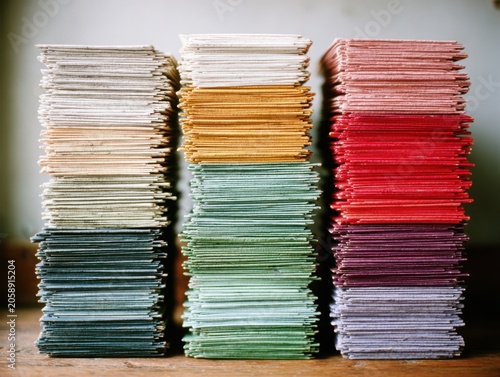 Stacks of colorful fabric swatches in various shades and textures  
