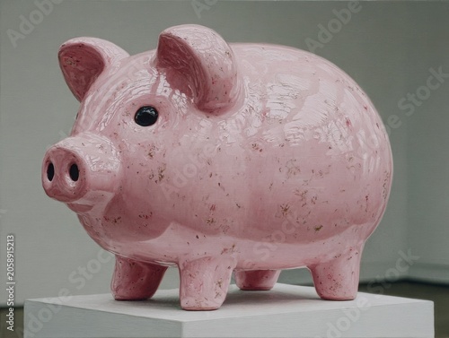 Pink ceramic piggy bank on display in modern art gallery  