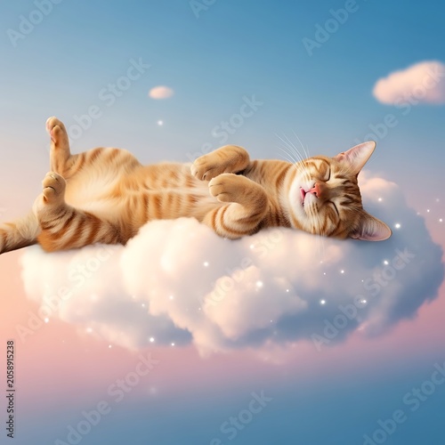 Adorable ginger tabby cat lounging on a fluffy cloud in the sky.