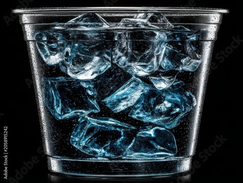 Ice cubes in transparent glass cup with bubbles against black background  