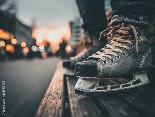 Ice skates resting on wooden bench during sunset in winter city  