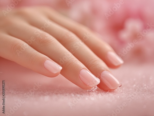 Elegant woman’s hand with manicured nails resting on pink surface  