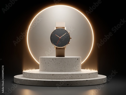 Elegant watch displayed on pedestal with modern lighting effects  