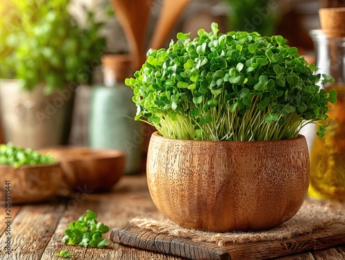 Fresh herbs growing in a wooden bowl on rustic kitchen table  