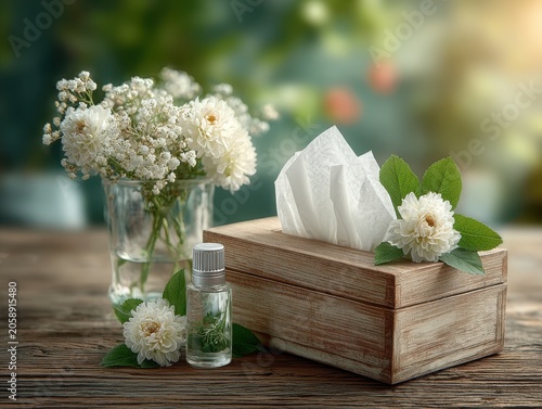 Tissue box with flowers and essential oil on wooden table outdoors  