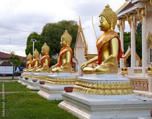 Quadro su tela A row of golden Buddha statues in a Thai temple.