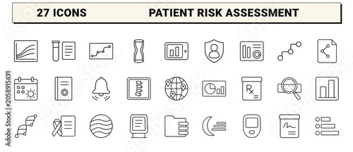 Early detection program line icon set. Vector pictograms of medical screening, health diagnostics, patient tracking, and preventive care elements, thin linear illustration.