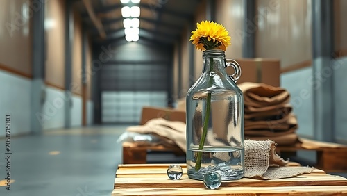 demijohn. Glass carboy with submerged flower and marbles on pallet, safe floral transport concept. mobility guides, transit brochures, designed for mobility and urban transit guides.