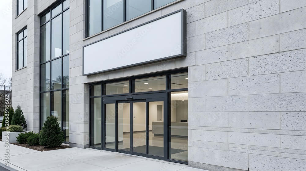 Fototapeta premium Blank Storefront Signboard Above Entrance on Contemporary Office Building Facade