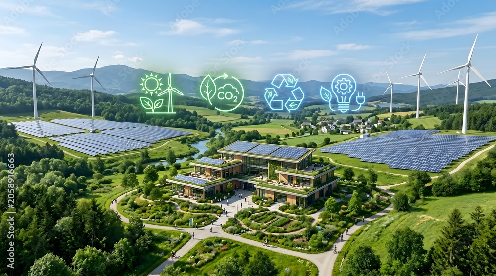 Fototapeta premium Sustainable eco-friendly corporate campus with solar panels and wind turbines