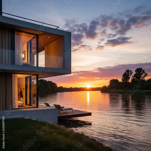 Modern lakeside home at sunset with stunning water views and design.