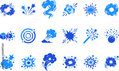 Foto Collection of blue explosion and burst icons showing energy impact and dynamic motion vector graphics