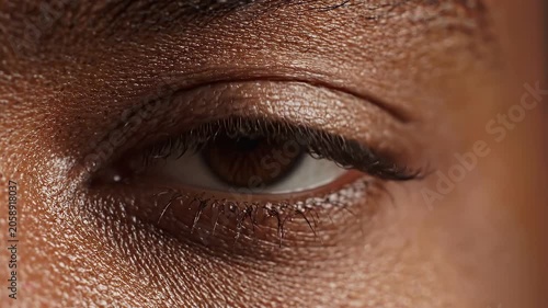 Extreme close-up of a person's brown eye opening and closing
