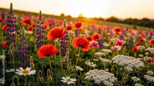 Vibrant wildflower meadow with poppies and lupine at sunset