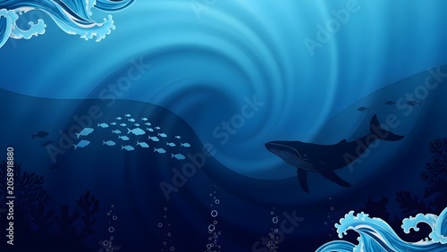 Whale swimming with school of fish underwater with coral and bubbles