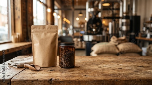 A craft coffee setup on a wooden table inside a roastery, featuring a paper pouch, a jar of beans, and a scoop against a blurred industrial backdrop.