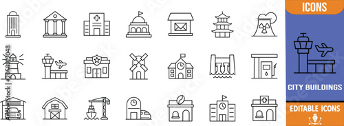 City public buildings and places icons. hospital icon set, school icon set, airport icon set