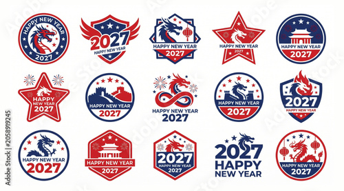 Billede på lærred Happy new year 2027 graphic badge set featuring stylized dragons and classical e